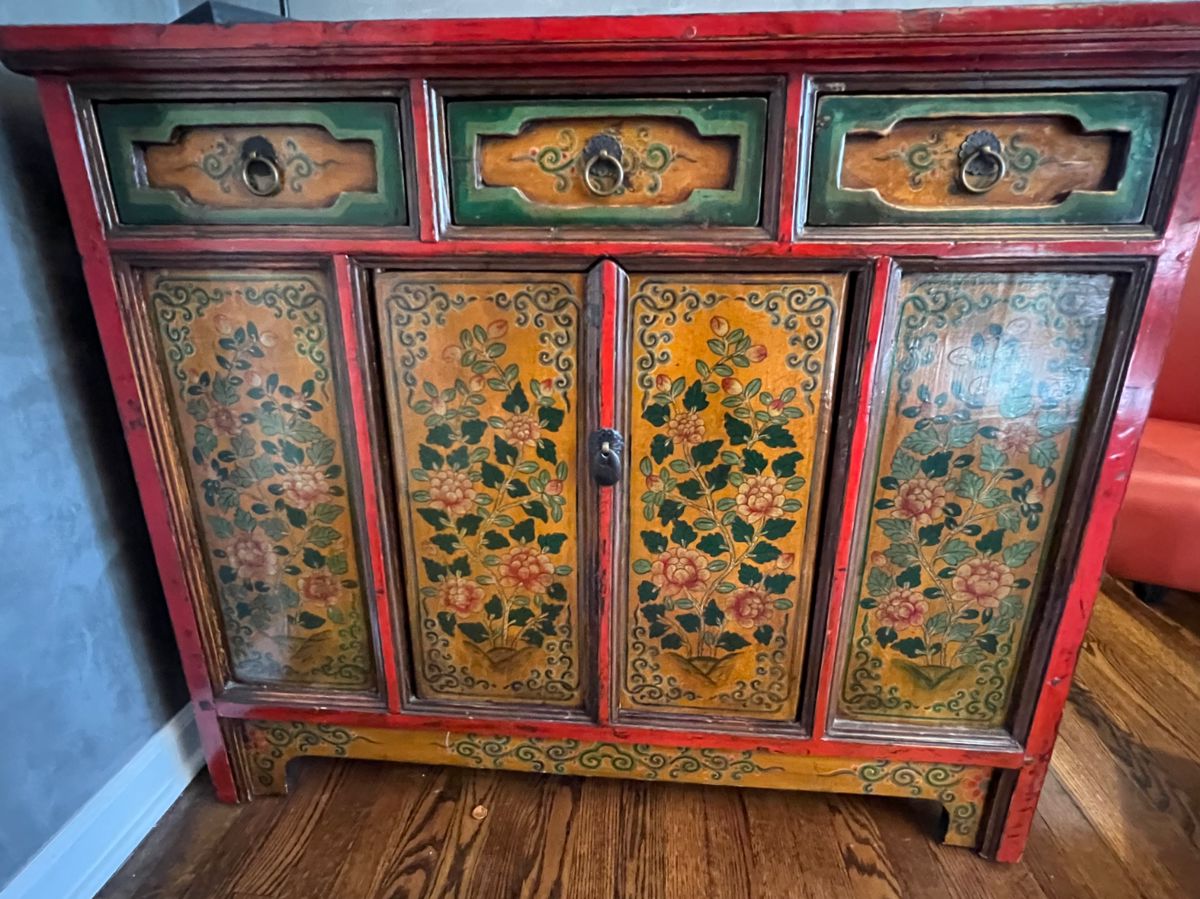 6. Antique Tibetan Painted Cabinet C 19th (43" x 14" x 36")