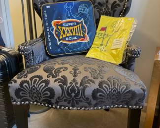 Brittania Damask armchair (B), Super Bowl XXXVIII t-shirt, hat, and cushion,PGA Championship flag (signed)
