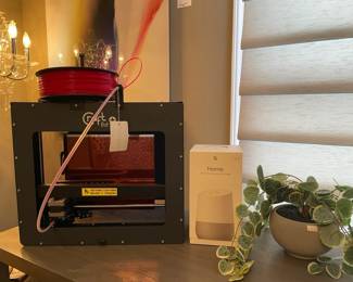 Gray Craftbot 3D printer, Faux plant, Google Home
