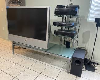 Glass entertainment stand, Pioneer VSX-305 & PD-M42, Toshiba SD-1600, Eugene Tan 