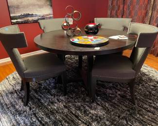 Metal cylinder wine holder, Handmade tin sign tray, Bernhardt dining table (Cornelia), Round rug (9'), Pair of Bernhardt chairs (A)