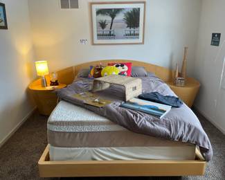 Tempur-Rhapsody Breeze Queen Mattress, Modern wood queen bed frame with attached nightstands, Queen bed comforterTweety Bird, Scooby, and Snoopy throw pillows
