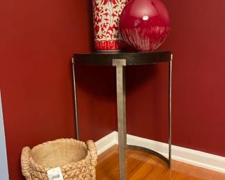 Cement basket planter, Red floral umbrella holder, Bernhardt metal leg side table, Interlude vase