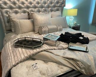 Eastern Accents king bed set, Walter E. Smithe king bed, Various pillows, Black bottom metal tray, Mirror jewelry box, New with tags men's Under Armour clothing (size medium)