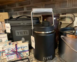 Coasters, Ice buckets, Yeti half-gallon rambler, Yeti Hopper Flip cooler

