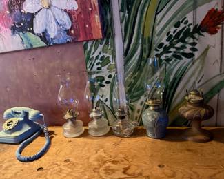Vintage Baby Blue Push Button Telephone, Oil Lanterns