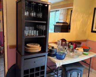 Clock, Wine Cabinet, Dishes, Glassware, Portable Fireplace