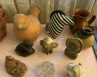 Collectibles (Terra Cotta Bird, Vintage Arabia Finland Abstract Zebra, Mini Ceramic Pitcher, Vase, Inuit Carving, Unglazed Earthenware Elephant Effigy, Carved Cat, Round Glass Flower Frog 7 holes, Porcelain Puppy Figurine).