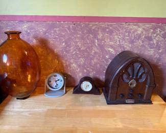 Orange Blown Glass Vase/Jar, Desk Clock, Vintage Radio