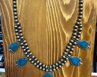 $825~ VINTAGE OLD PAWN STERLINGARTST SIGNED L JAMES NAVAJO STERLING AND TURQUOISE NECKLACE