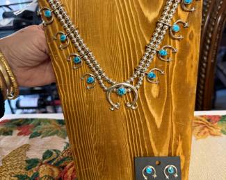 $1050- FANTASTIC STERLING AND TURQUOISE AMERICAN INDIAN MATCHING SQUASH BLOSSOM AND EARRINGS