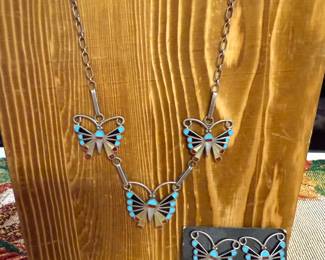 $900~ BEAUTIFUL ZUNI SIGNED AW.INLAID STERLING BUTTERFLY SET CONSISTING OF A NECKLACE, EARRINGS AND MATCHING RING ,