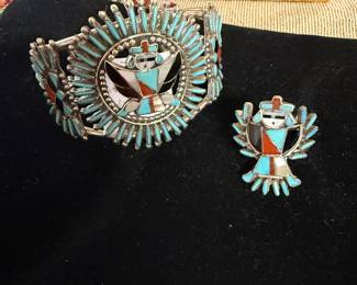 $1575- INTRICATELY DESIGNED ARTIST SIGNED ZUNI DELPHINE TSADIAS STERLING THUNDERBIRD CUFF AND RING WITH TURQUOISE, CORAL, MOTHER OF PEARL AND ONYX .