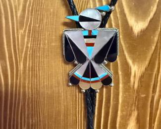 $295~ AMERICAN INDIAN STERLING ZUNI THUNDERBIRD INLAY BOLO TIE