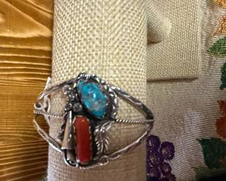 VINTAGE STERLING NAVAJO CORAL AND TURQUOISE CUFF BRACELET