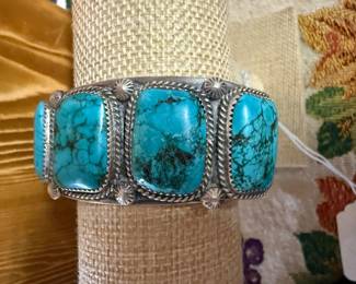 $490~ ARTIST SIGNED LARGE NAVAJO FOUR TURQUOISE STONE