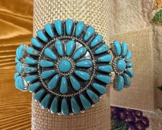 $475- AMERICAN INDIAN STERLING AND KINGMAN PETITE POINT TURQUOISE CUFF