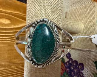 $675~ ANTIQUE HEAVY RARE OLD PAWN GREEN STERLING TURQUOISE CUFF BRACELET
