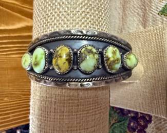 $475 - STERLING RARE GREEN TURQUOISE HAND TOOLED CUFF