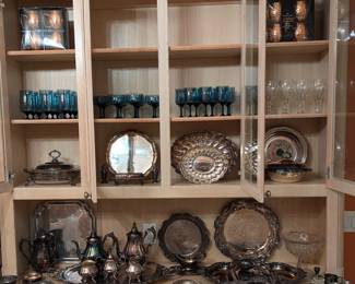 Lenox Blue Mist, Silver Plate, Wine Crystal Goblets, Copper Mugs