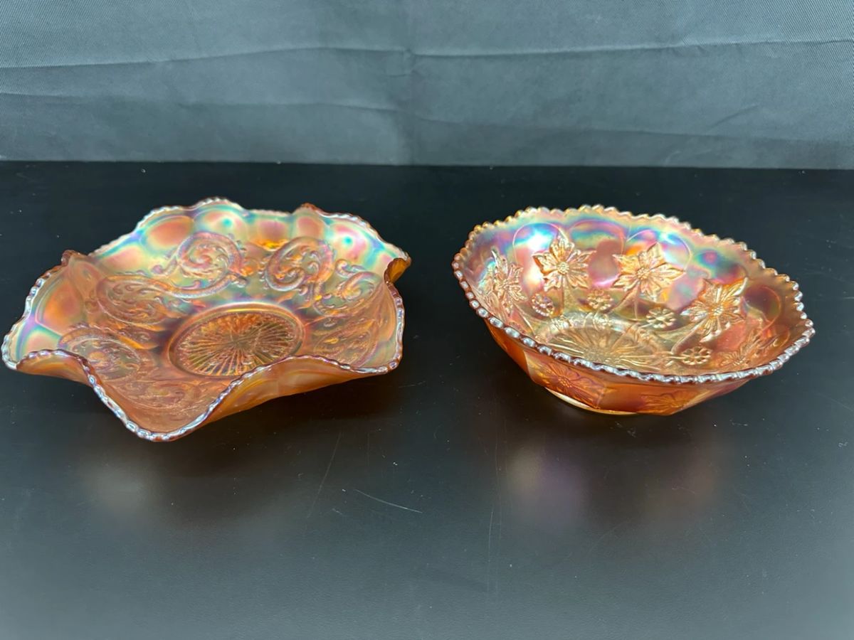 2 Fenton Carnival Glass Little Flowers Berry Bowl  Dugan Marigold Opalescent Bon Bon Candy Dish