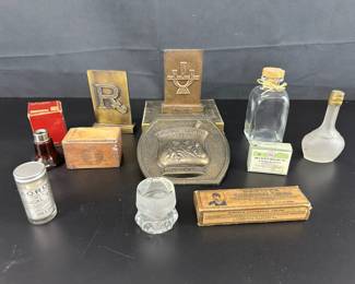 11 Large Vintage Pharmacy Lot Bottles  Metal Pharmacy Signs  Pill and Cream Boxes