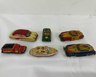 6 Vintage Tin Cars Boat  Jeep  Police Car