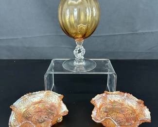 Cambridge Amber Glass Ivy Ball Keyhole Stem Vase 2 Antique Double Panter 3 Claw Foot Bowls