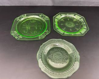 3 Different Pattens Green Vaseline Uranium Plates and Platters