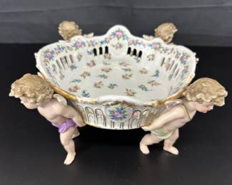 Von Schierholz Dresden German Porcelain Cherub Putti Bowl Base Antique Basket