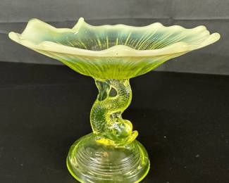 Anique Yellow Dolphin Vaseline Sea Serpent Pedestal Compote
