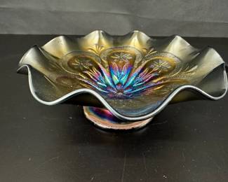 Dugan Super Electric Purple with Flowers and Frames Carnival Glass Bowl
