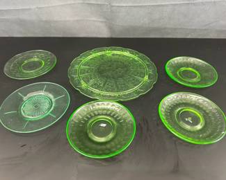 Vintage Uranium Jeanette Green 10 Platter 5 Green Uranium Saucers with Different Patterns