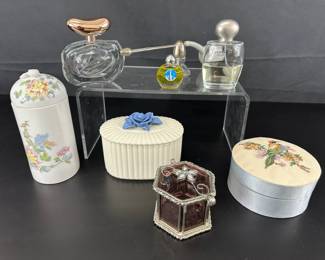 Lot of 8 Vintage Pretty Perfume Bottles Powder Box and Containers
