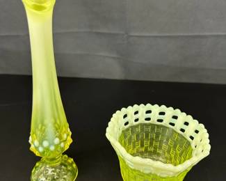 Yellow Vaseline Uranium Glass Fluted Basket Weave Dish Fenton Yellow Hobnail Bud Vase