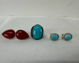 Jay King Vintage 6.5 Turquoise Signed 925 Thailand Sterling Coral Earrings
