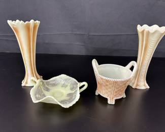 Vintage Uranium Northwest 4 Pillars Custard Vases and Basket Fenton Antique Prayer Rug Vaseline