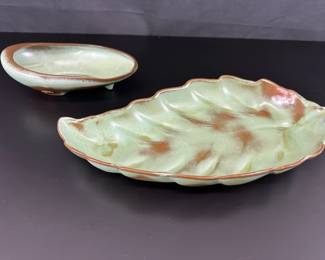 Vintage Frankoma Prairie Green Freeform Dish and Leaf Pattern Dish
