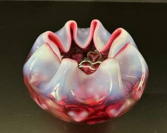 Beautiful Fenton Art Glass Cranberry Opalescent Heart Bowl