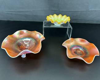3 Northwood Maigold Footed Bowl  Gold Yellow Ruffled Bowl  Dugan Carnival Glass Bowl