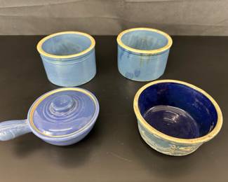 4 Vintage Blue Crock Containers Covered Bowl with Lid and Handle