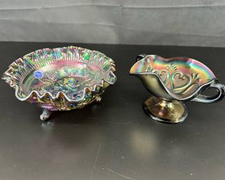 2 Vintage Imperial Iridescent Carnival Glass Footed Bowl  Dugan Amethyst Carnival Footed Bon Bon