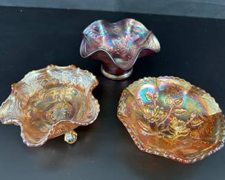 3 Fenton Carnival Ruffled Bowl  Ruffled Footed Couger Bowl