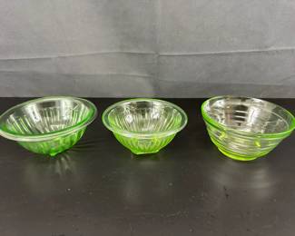 3 Pretty Different Design Green Uranium Glass Bowls