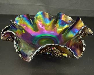 Stunning Antique Imperil Purple Opalescent Bowl with Ruffled Edges