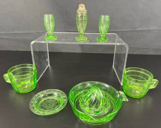 Vintage Green Uranium Vaseline Ashtray Lemon Juicer  Salt and Pepper Shakers Mugs
