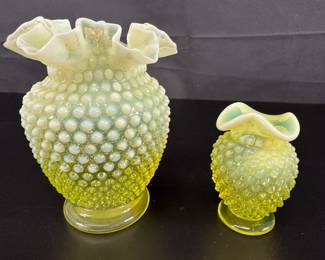 2 Vintage Fenton Hobnail Vaseline UG Ruffled Edge Miniature Vase