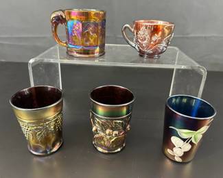 5 Variety Cups Northwood Grape and Cable  Vintage Fenton Cobalt Cherries Tumbler