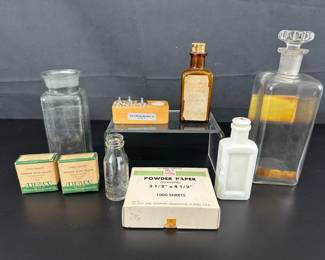 8 Pieces of Vintage Pharmacy Items Decanters  Bottles Powder Paper