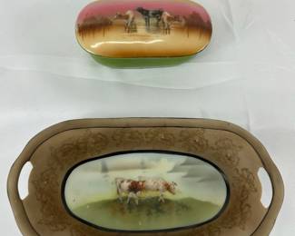 2 Vintage Royal Bayreuth 1900 Cow Oval Dish Cow Covered Dish